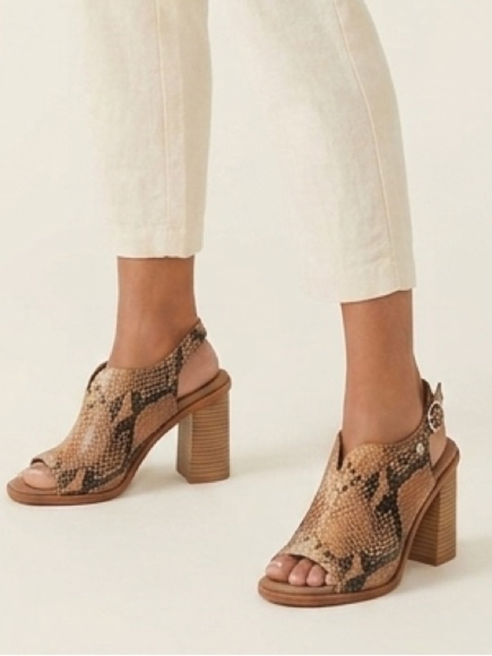 Yellow Box Snake-Print Slingback Block Heel in Tan and Brown